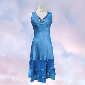 Komarov Blue Embellished V Neck Layered Formal Wedding Cocktail Tank Dress Sz S